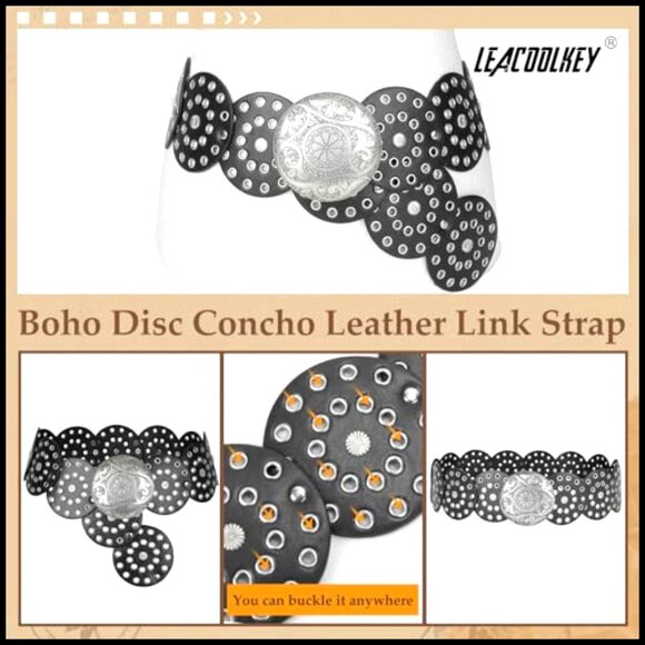 Western Boho Leather Waist Belt Vintage Disc Conch Buckle Adjustable main image 4